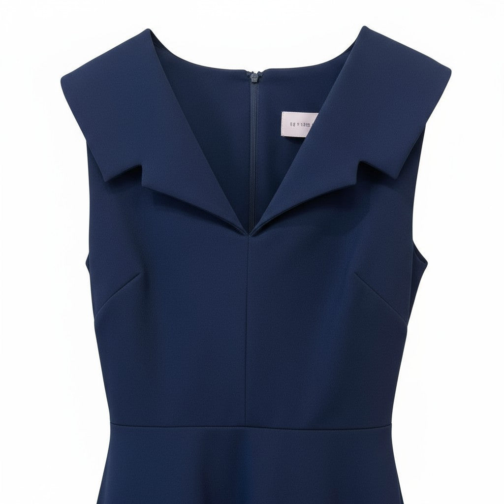 Navy blue sleeveless dress with a polo collar on a white background.