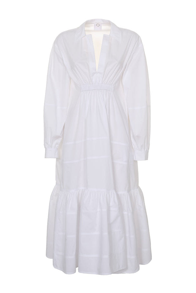 White longsleeve shirt dress on a white background.
