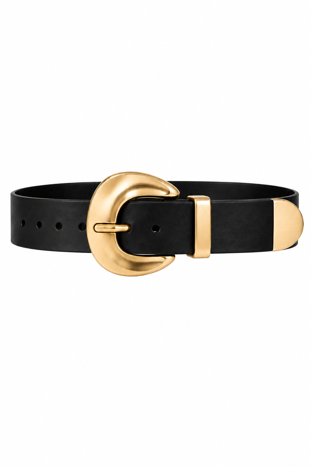 Black leather Margot belt featuring a sculptural brushed-gold crescent buckle, matching gold keeper, and rounded metal tip on a clean white background.