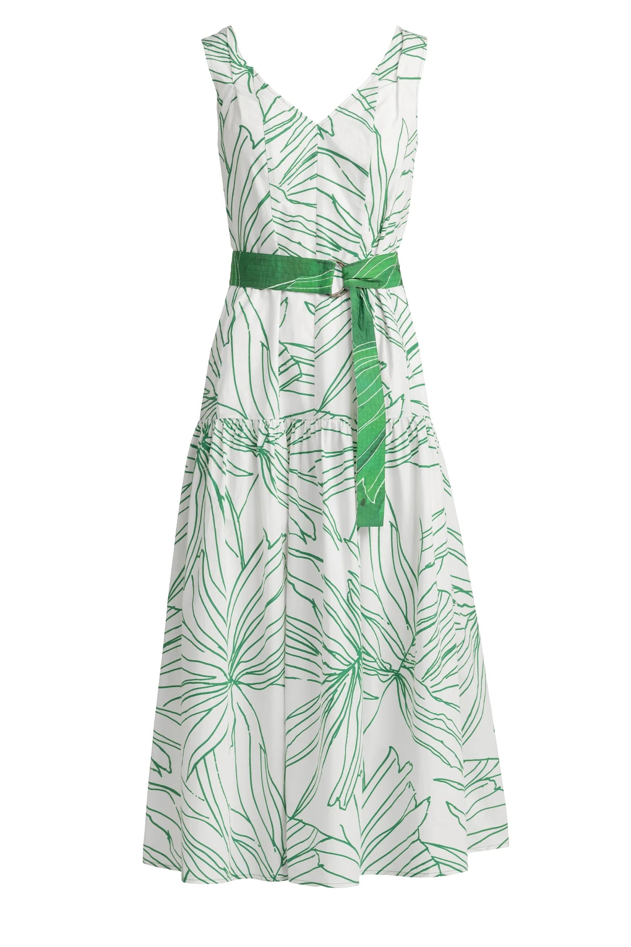 White dress with green leaf pattern and belt on a white background