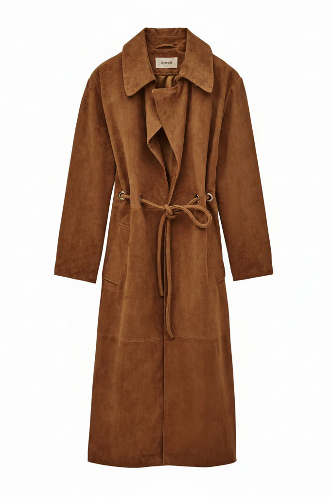 Brown suede coat with a belt on a white background.