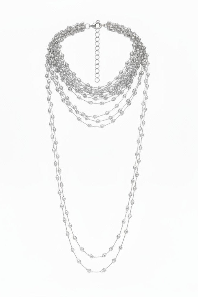 Multi-layered silver chain necklace on a white background.