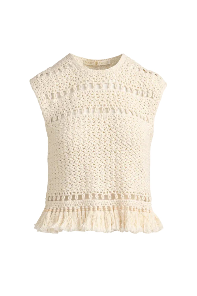 Beige sleeveless top with lace details on a white background.