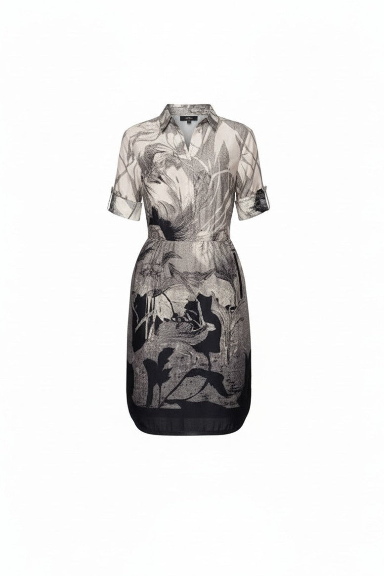 Dress with black and white abstract pattern on a white background.