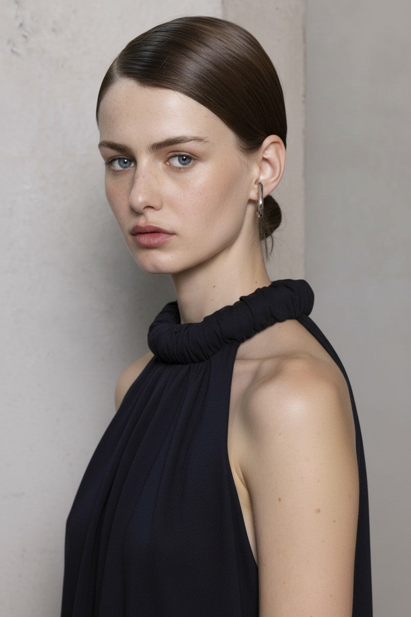 Close-up of the side of a woman wearing a black rolled neck dress against a grey wall.