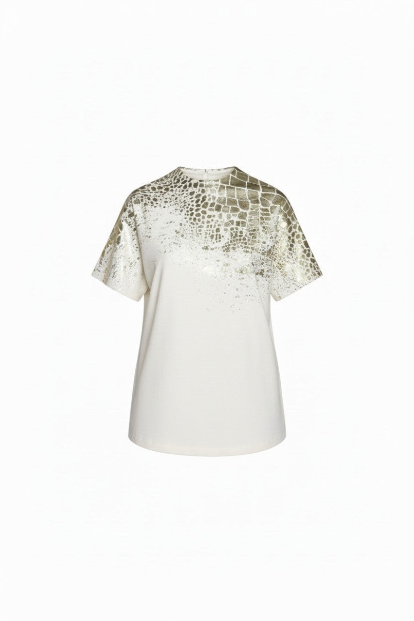 White t-shirt with gold pattern on a white background.