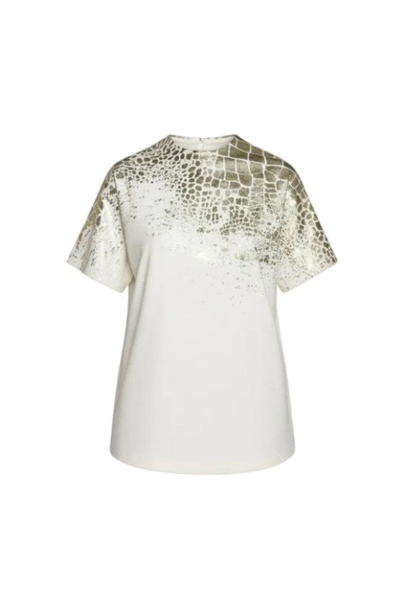 White t-shirt with gold pattern on a white background.