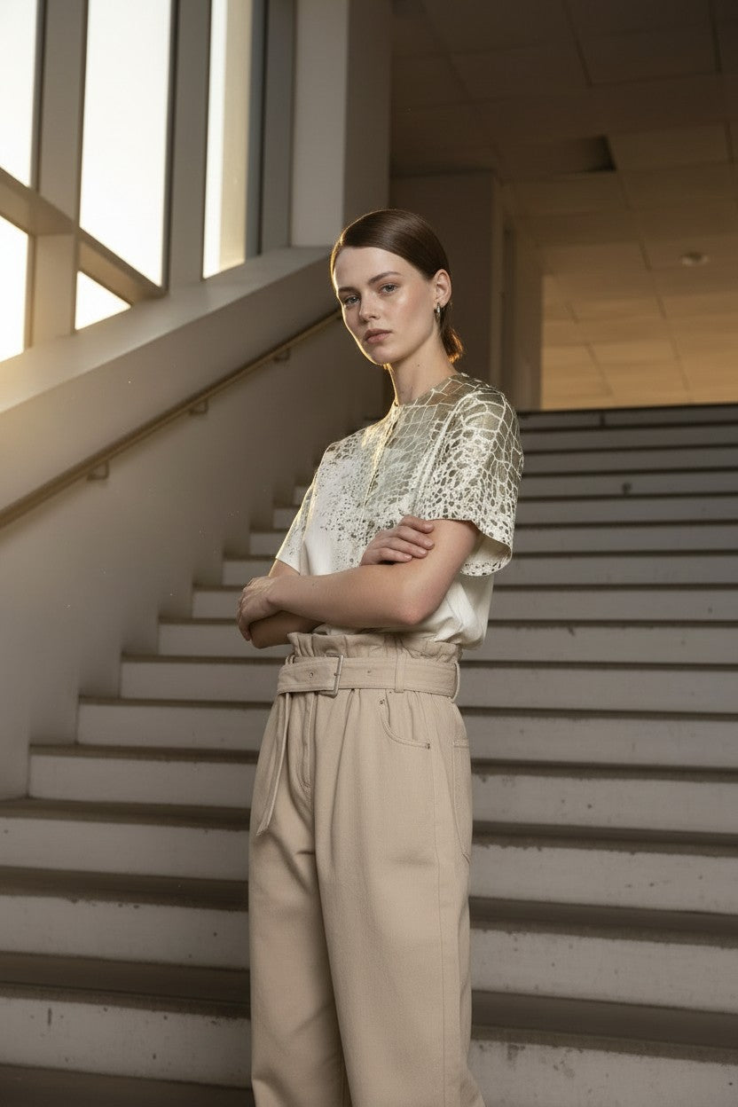 Woman standing on a staircase wearing a white t-shirt and beige pants.