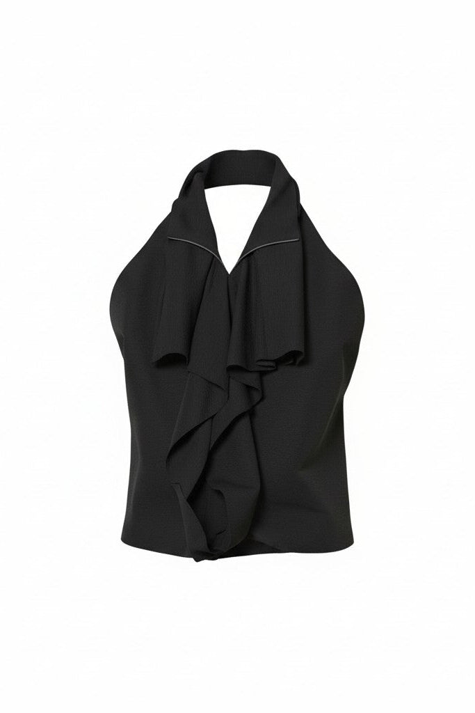 Black halter top on a white background.