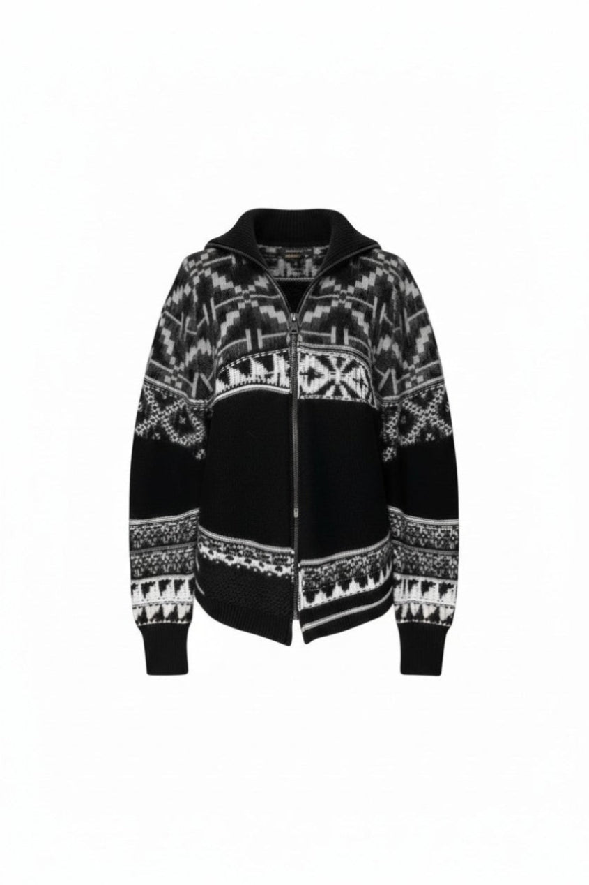 Black and white patterned zip-up hoodie on a white background