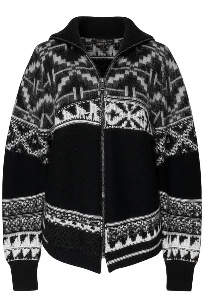 Black and white patterned zip-up sweater on a white background.