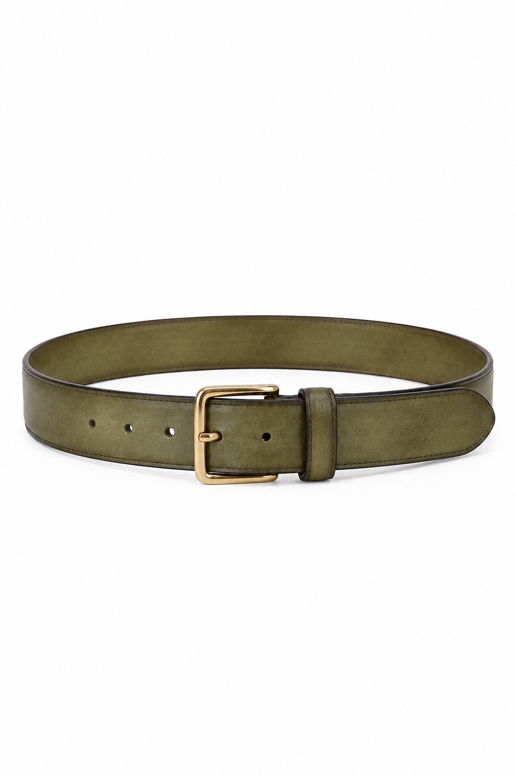 Wide olive green leather belt featuring a polished gold-tone rectangular buckle, adjustable pin closure, contrast edge stitching, and matching leather keeper, centered on a white background.