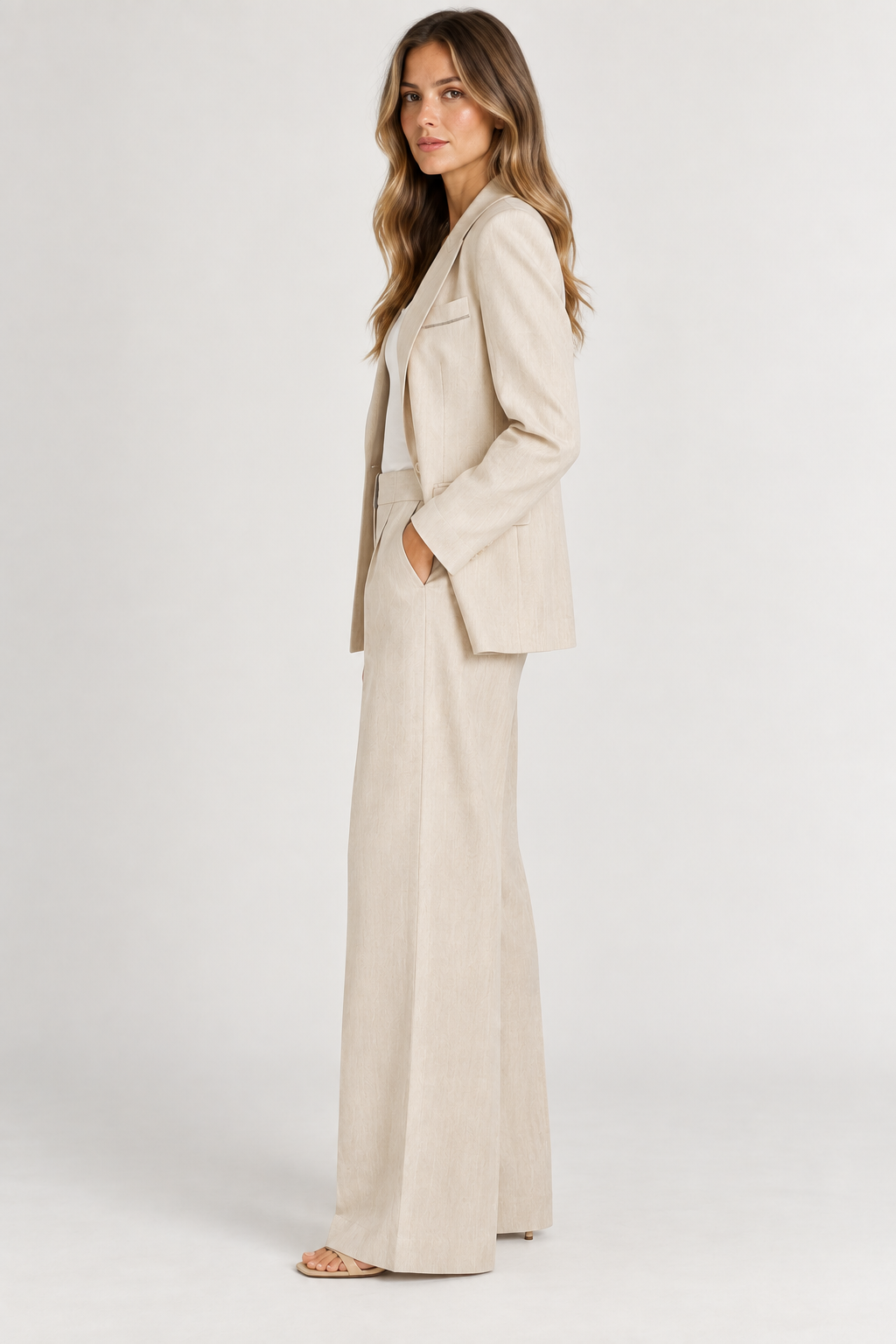 A woman modeling a light beige two-piece suit consisting of a single-breasted blazer and matching wide-leg trousers, standing against a plain light gray studio background.