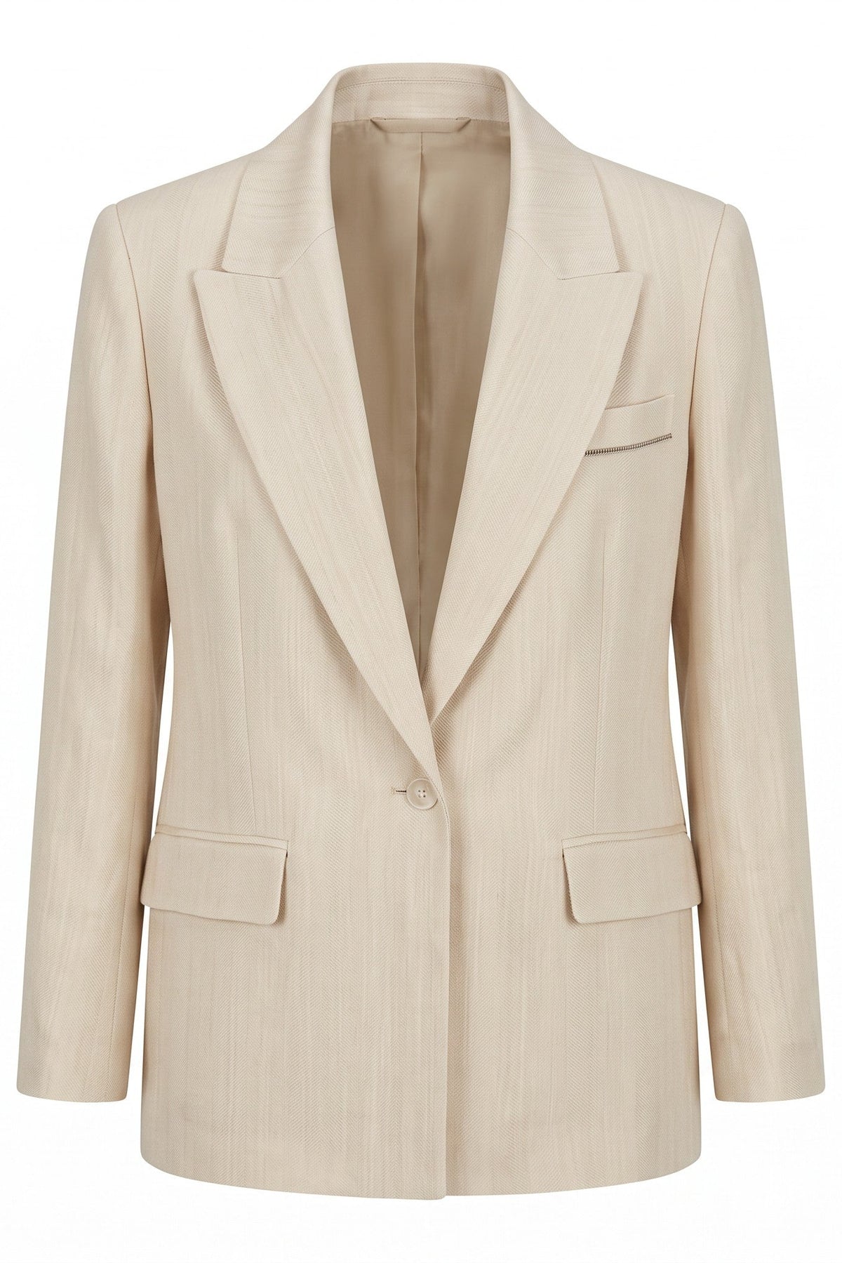 A light beige textured blazer with notch lapels, a single button closure, and flap pockets, shown on a plain white background.