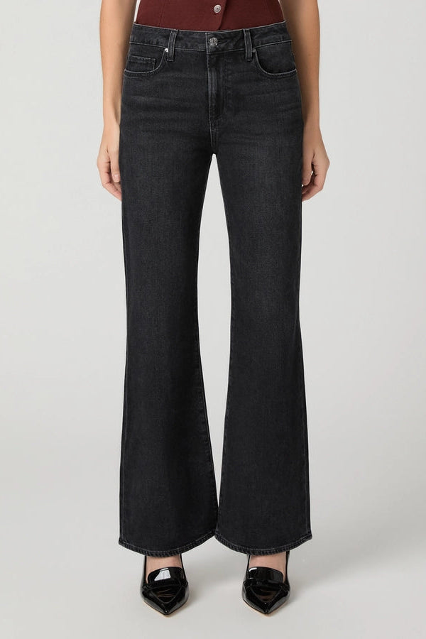 Front view of PAIGE Sofia mid-rise flare jeans in the faded Solstice Black wash.