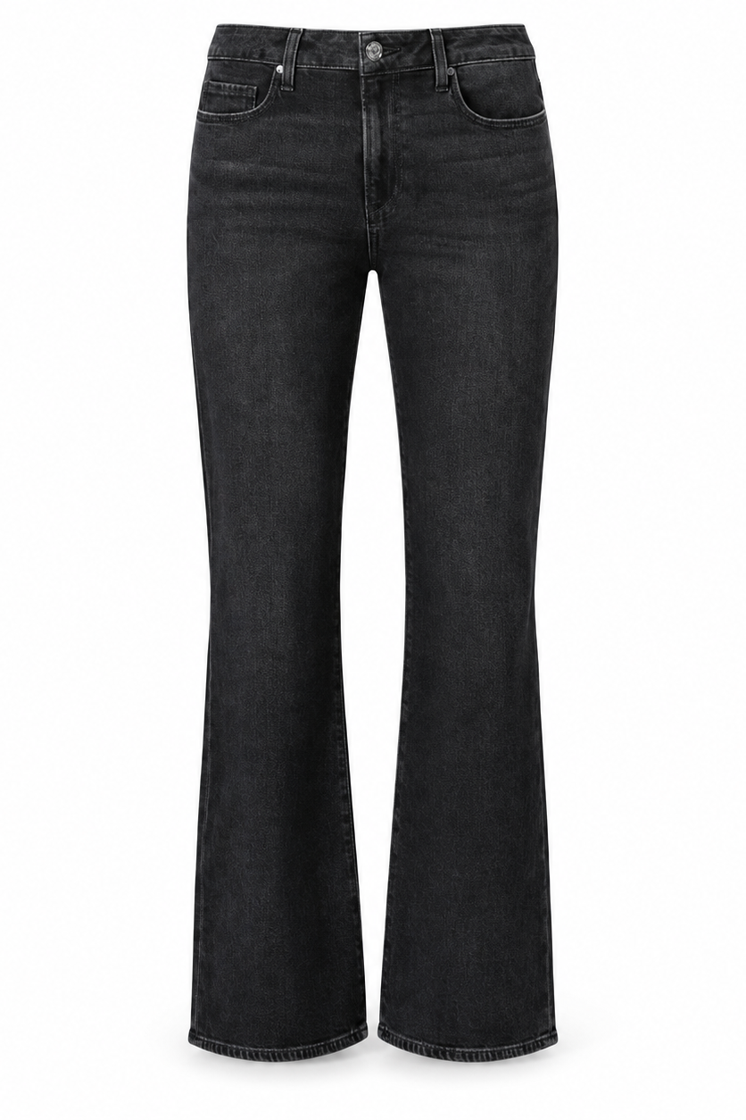 PAIGE Sofia 31-inch flare jeans in Solstice Black with a faded wash and clean hems, front product view.