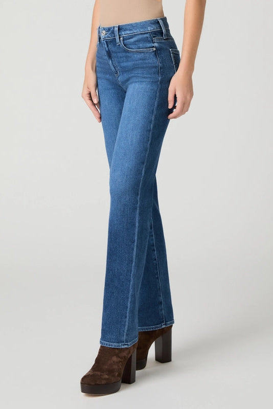 Side view of PAIGE Mason straight-leg jeans showing the mid-rise waist and full-length silhouette.