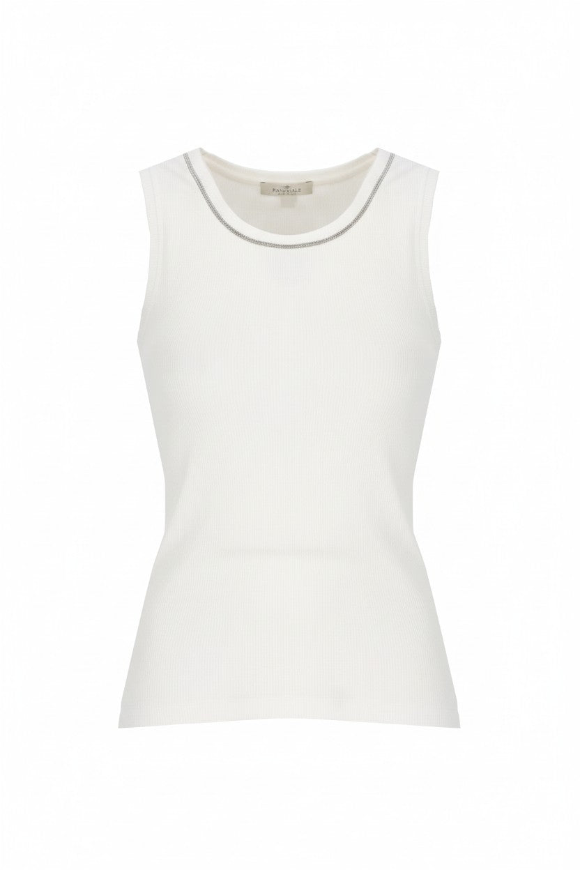 White sleeveless tank top with sparkle detail around the neckline on a white background.