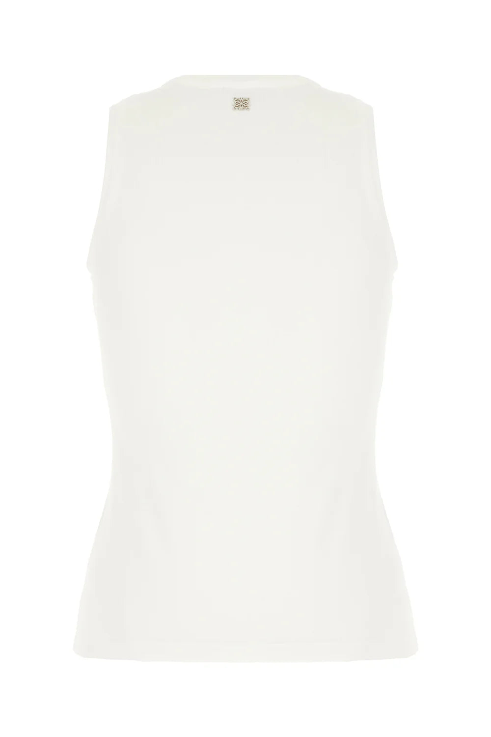 Back of a white ribbed tank top with silver logo.