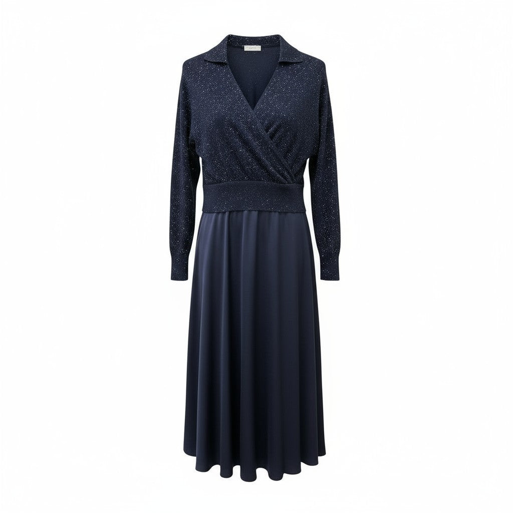 Navy blue dress with long sleeves on a white background.