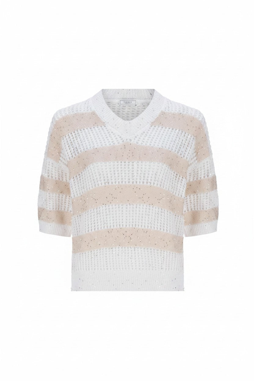 Beige and white striped sweater on a white background.