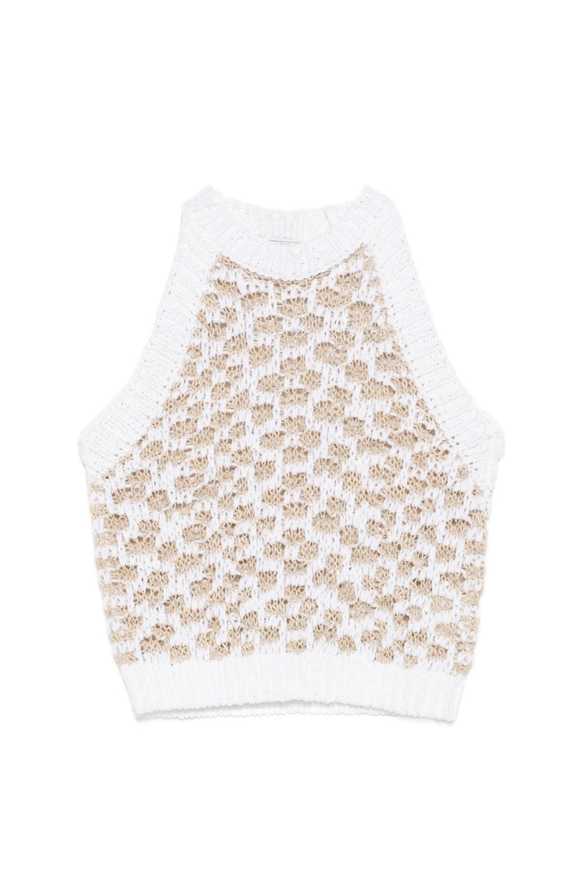 White sleeveless top with gold on a white background.