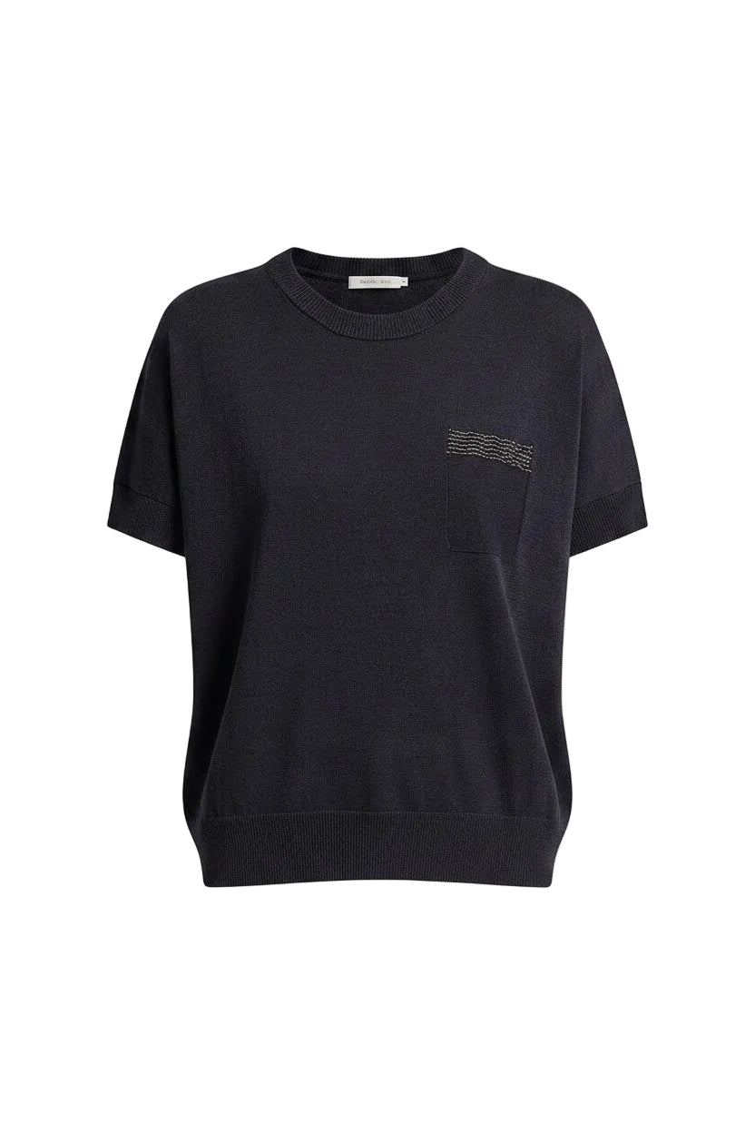 Navy t-shirt with a small sparkle design on a white background.