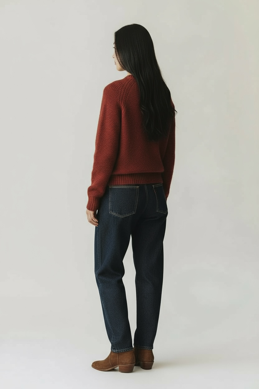 Person wearing a red Allude crewneck sweater and dark jeans on a white background