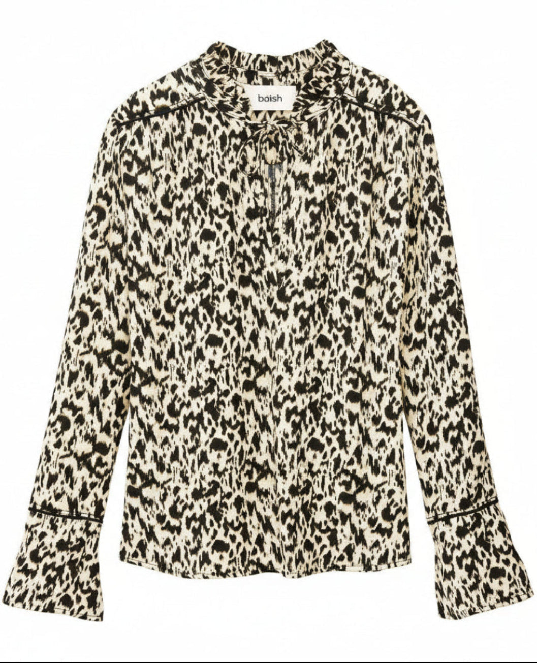 Leopard print blouse with 'ba&sh' label on a white background.
