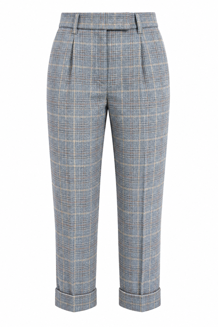 Blue-gray plaid Maura Pant with beige and brown detailing, shown in a front product view with pleats, tapered legs, and cuffed hems.