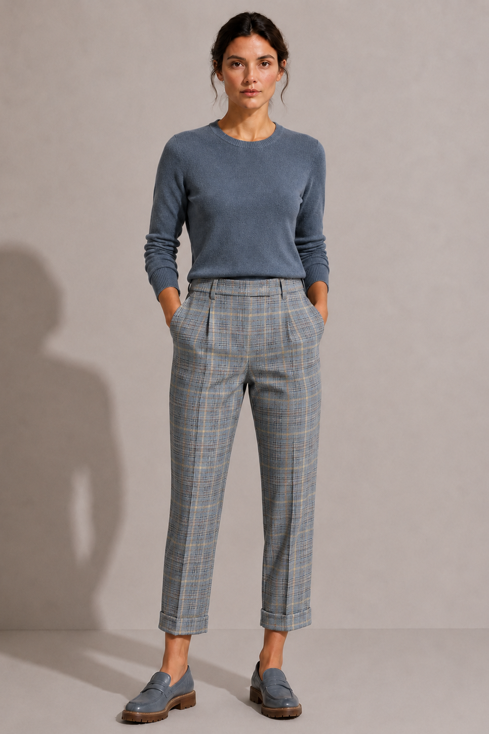 Model wearing the blue-gray plaid Maura Pant with a coordinating blue sweater and loafers, shown from the front.