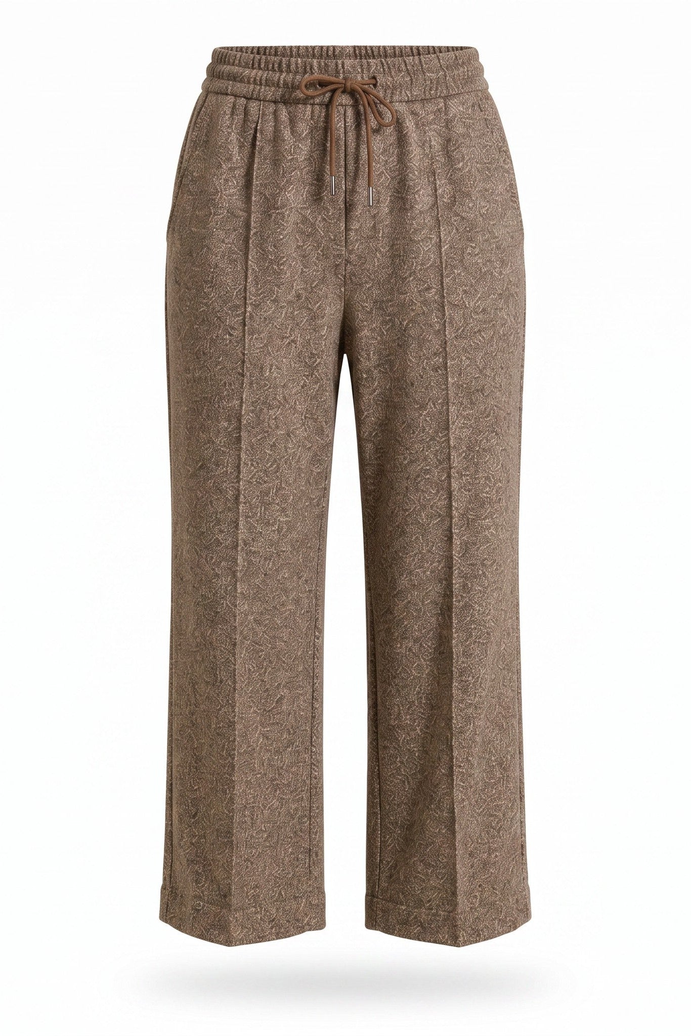 QL2 Tilde Wool Pant in brown mélange, front ghost mannequin view with elasticized drawstring waistband, side pockets, and wide-leg silhouette.