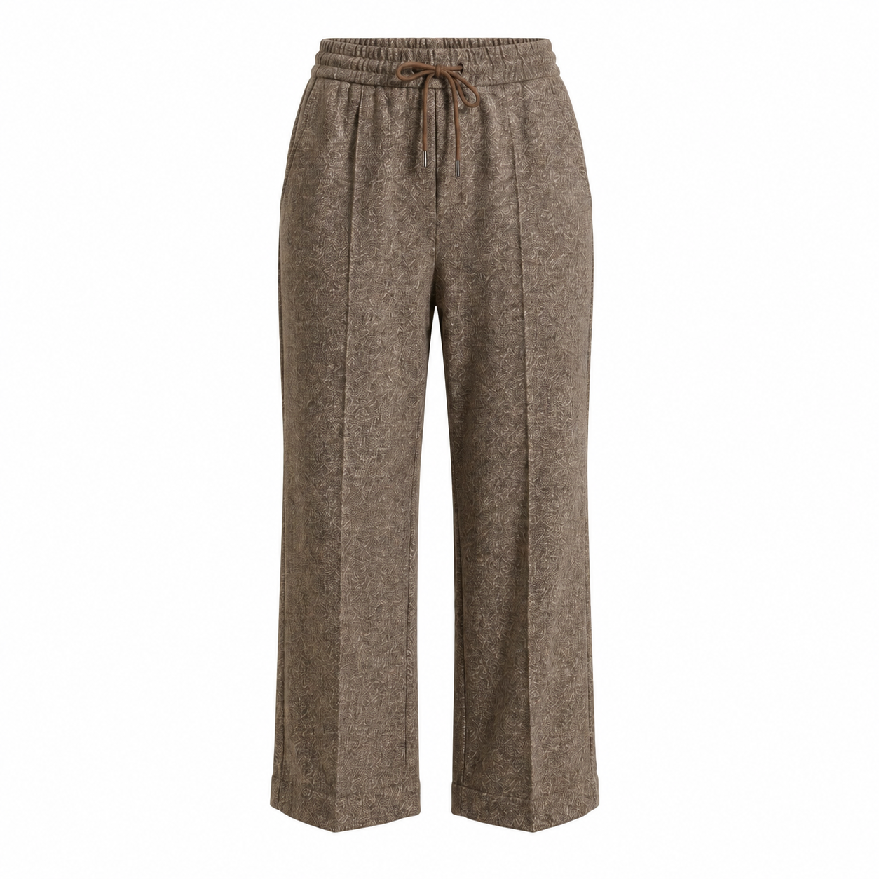 QL2 Tilde Wool Pant in brown mélange, front ghost mannequin view with elasticized drawstring waistband, side pockets, and wide-leg silhouette.
