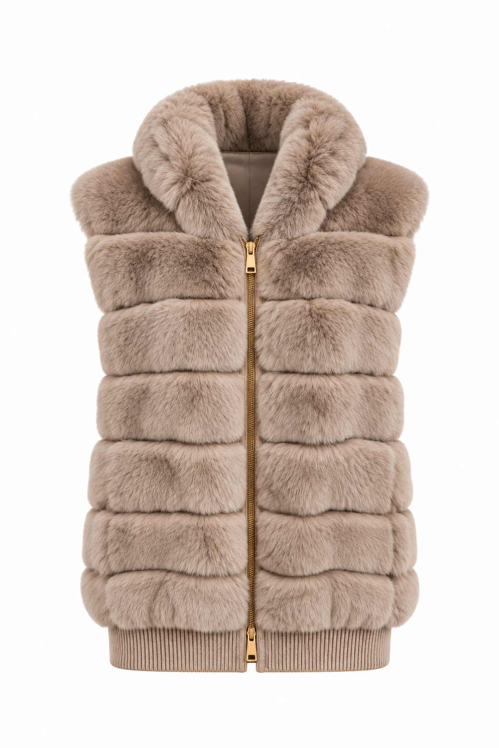Front ghost mannequin view of the Suprema Rex rabbit fur vest in soft taupe, featuring plush horizontal fur panels, a voluminous shawl collar, gold-tone two-way zipper, and ribbed wool-cashmere knit hem against a clean white background.