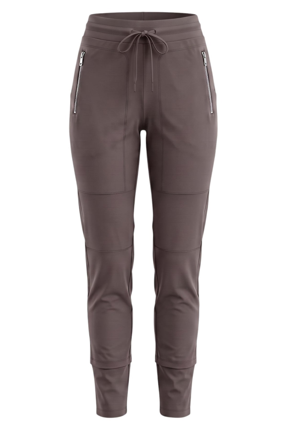 A pair of women's jogger-style pants in a muted taupe-brown color, featuring an elastic waistband with a drawstring, zippered side pockets, and cuffed ankles, shown against a plain white background.
