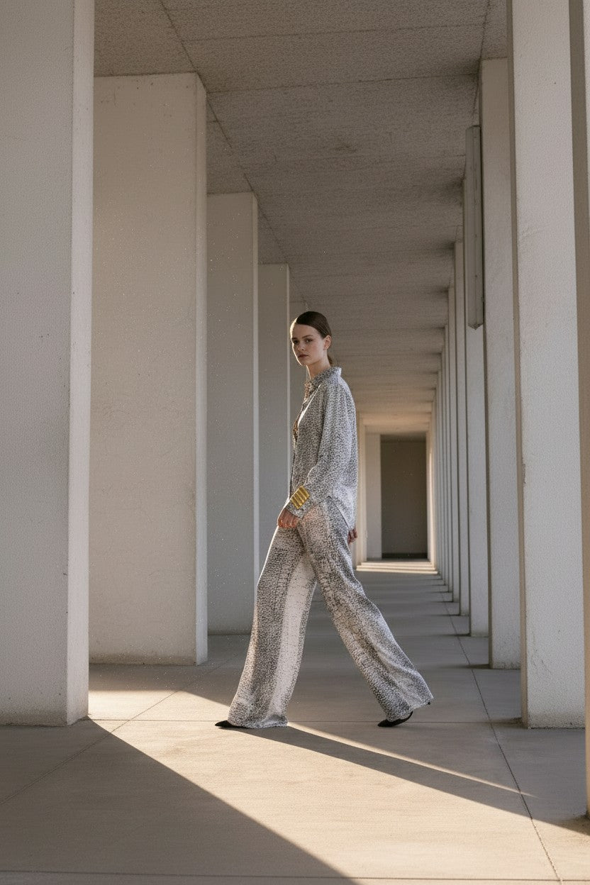 Woman in a patterned outfit walking through a sunlit architectural hallway.