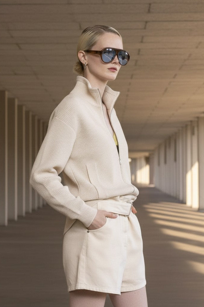 Side angle of a woman in a beige outfit standing in a sunlit architectural hallway.