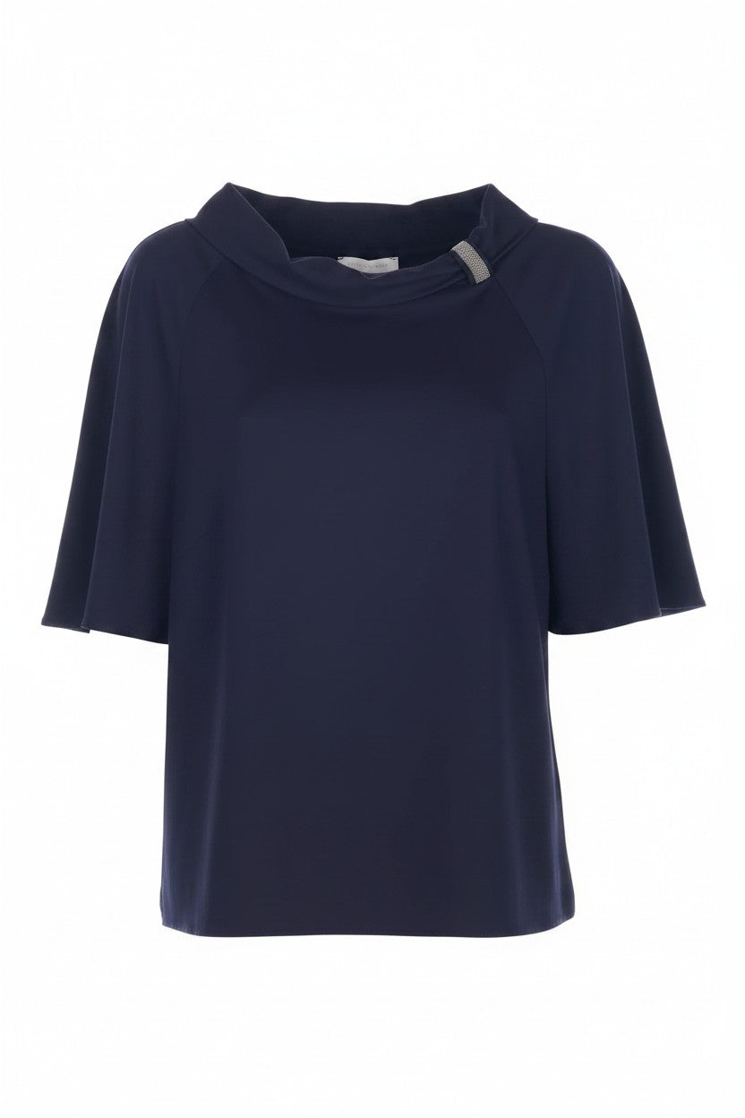 Navy blue blouse on a white background.
