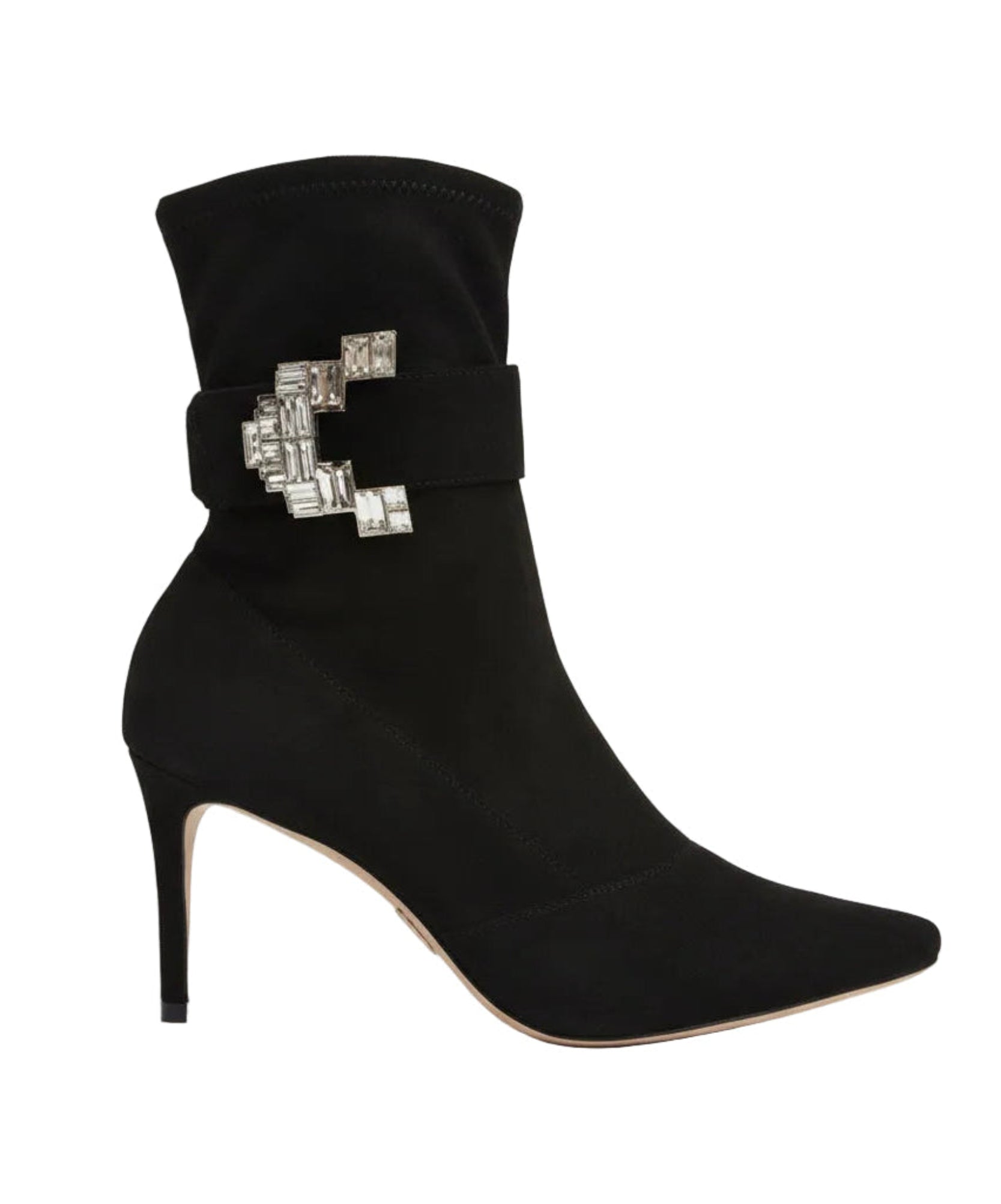 Black ankle boot with a decorative buckle on a white background.