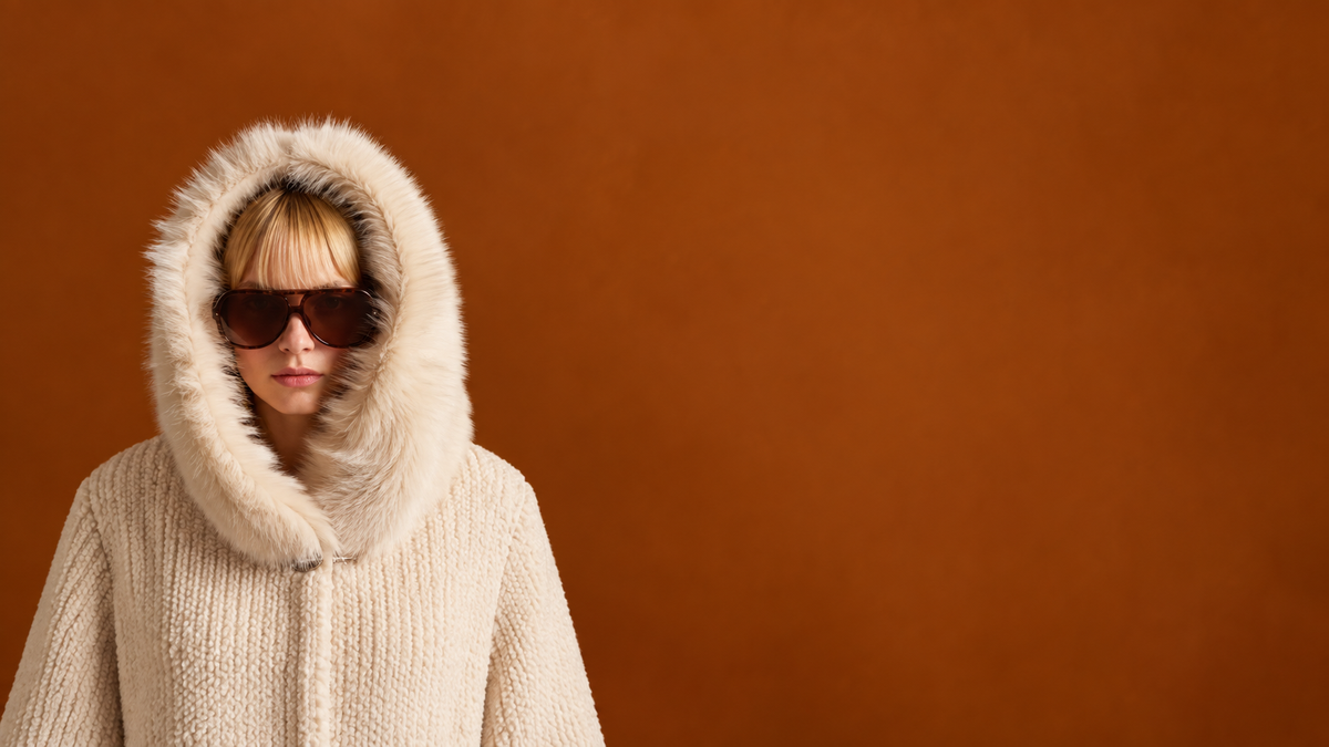 Close-up of model in an ivory faux-fur hooded bouclé coat and oversized tortoiseshell sunglasses against a warm rust background.