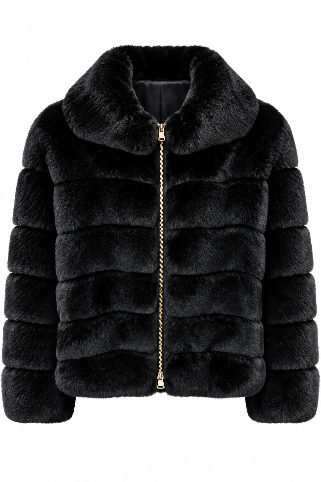 Front ghost mannequin view of the Suprema Black Rex Rabbit Fur Bomber Jacket, featuring luxurious genuine Rex rabbit fur, horizontal fur panels, an oversized fold-down collar, long sleeves, and a gold-tone two-way zipper against a clean white background.