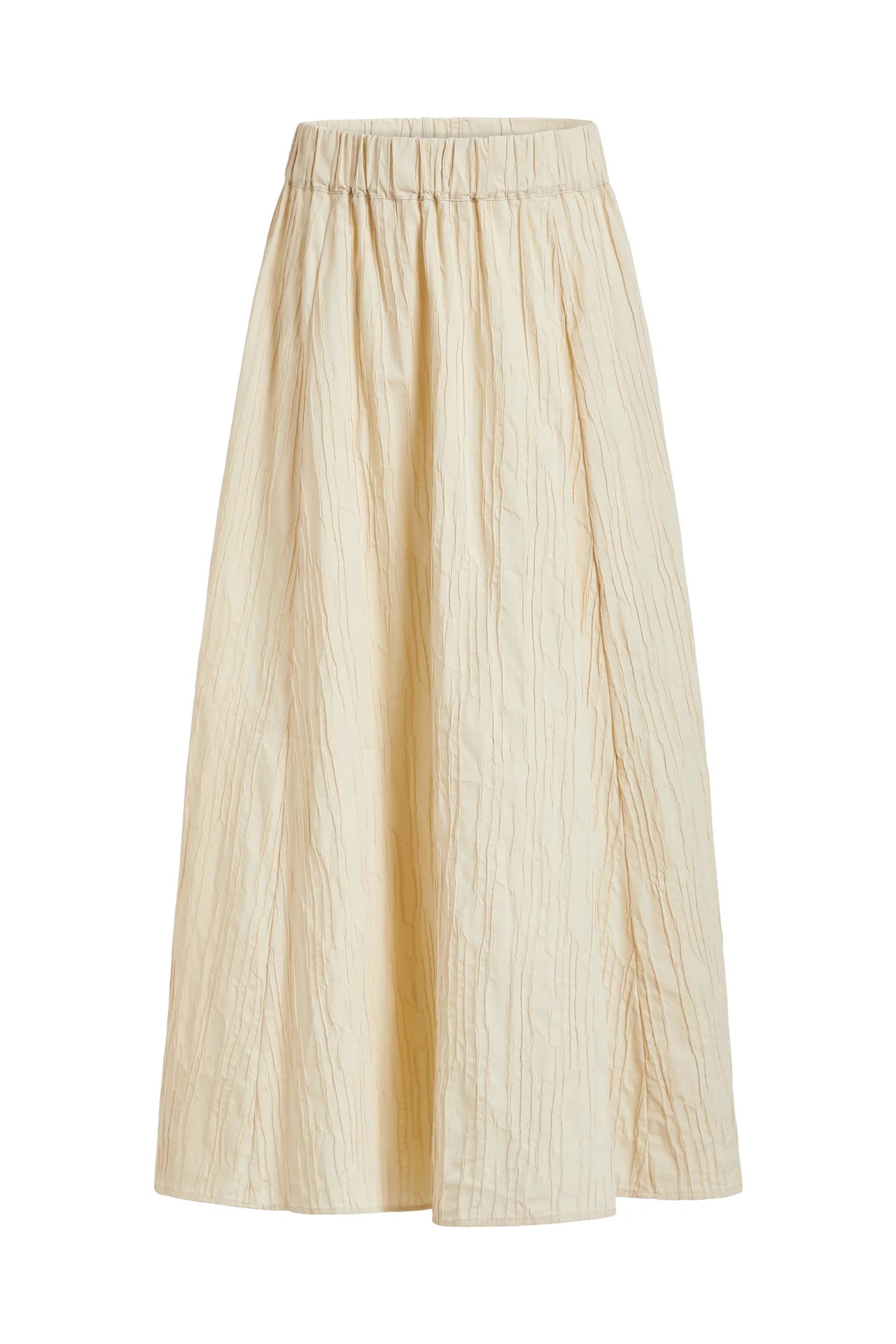 Cream pleated skirt on a white background.