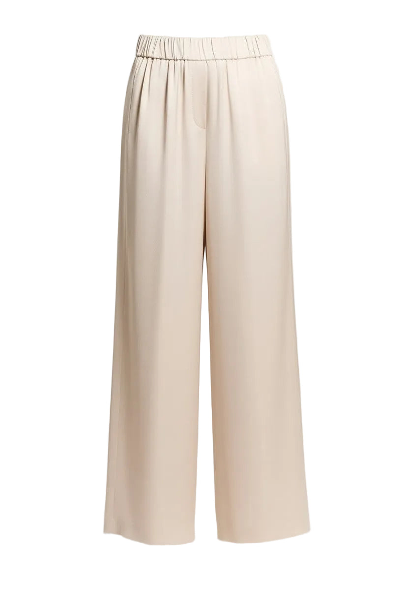 Beige wide-leg satin pants on a white background.