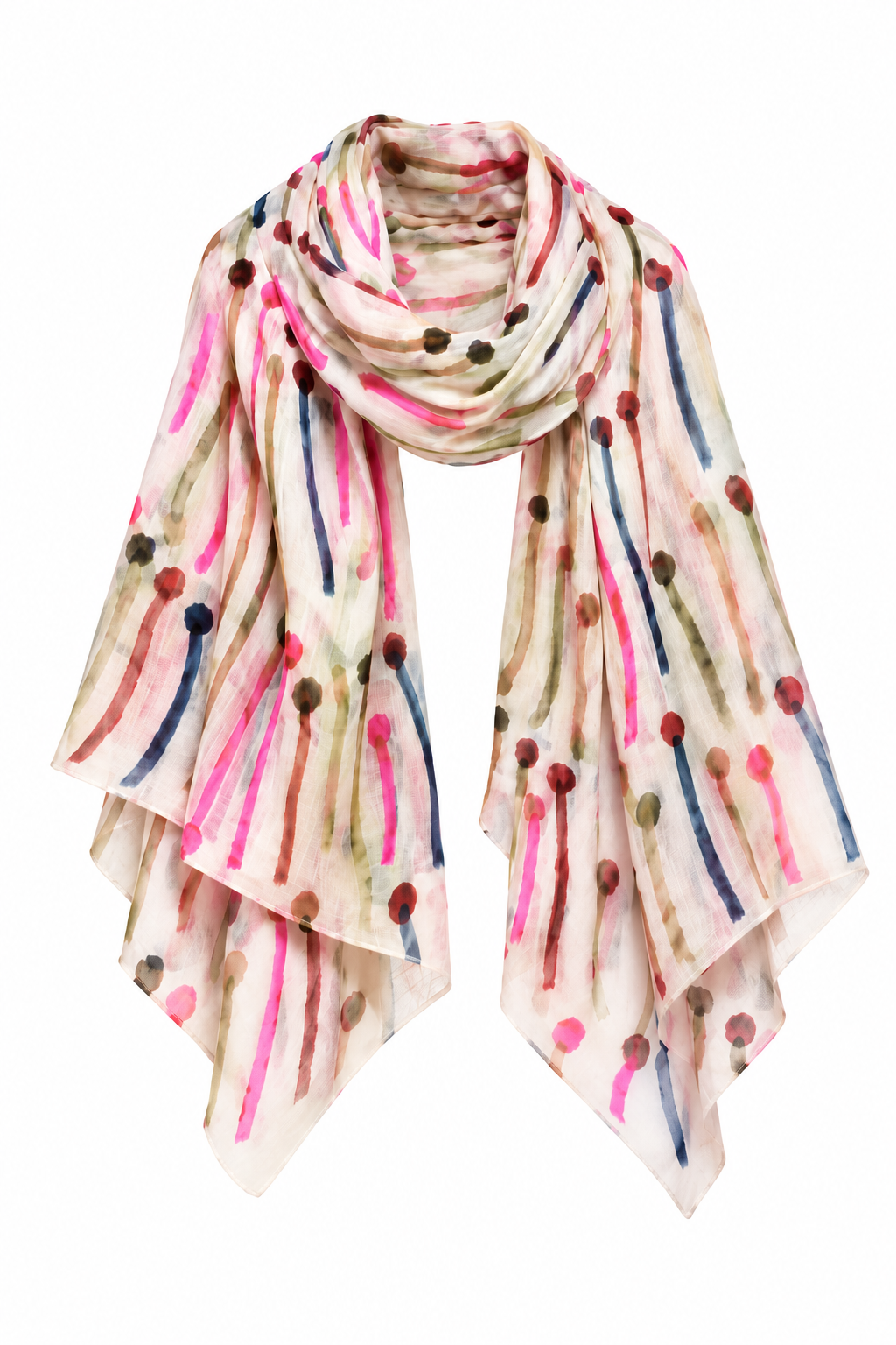 Lightweight scarf with a cream base and a colorful abstract watercolor hand painting of vertical brushstrokes and pom-pom dots in pink, blue, green, and brown, shown against a plain white background.