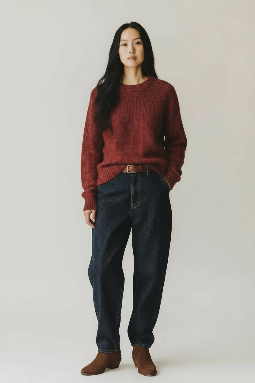 Woman wearing a red Allude crewneck sweater and dark jeans on a plain background.