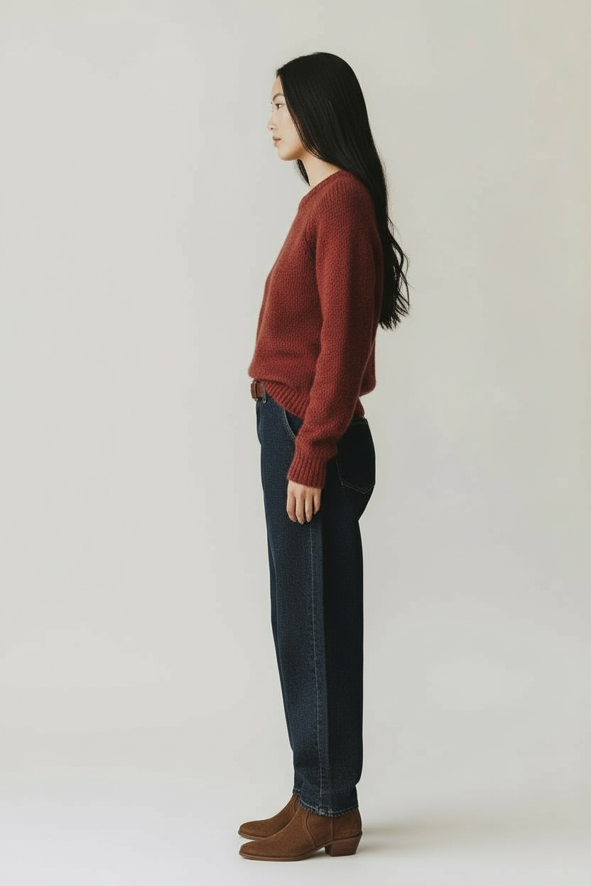 Woman wearing a red Allude crewneck sweater and dark jeans standing against a plain background.