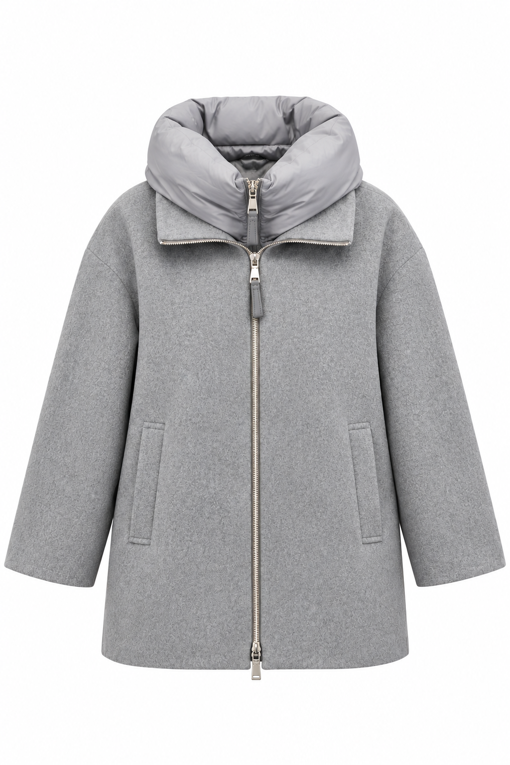 Front ghost mannequin view of Seventy gray coat with a relaxed, boxy silhouette, oversized padded gray collar, prominent silver two-way zipper, long sleeves, and vertical side pockets against a white background.