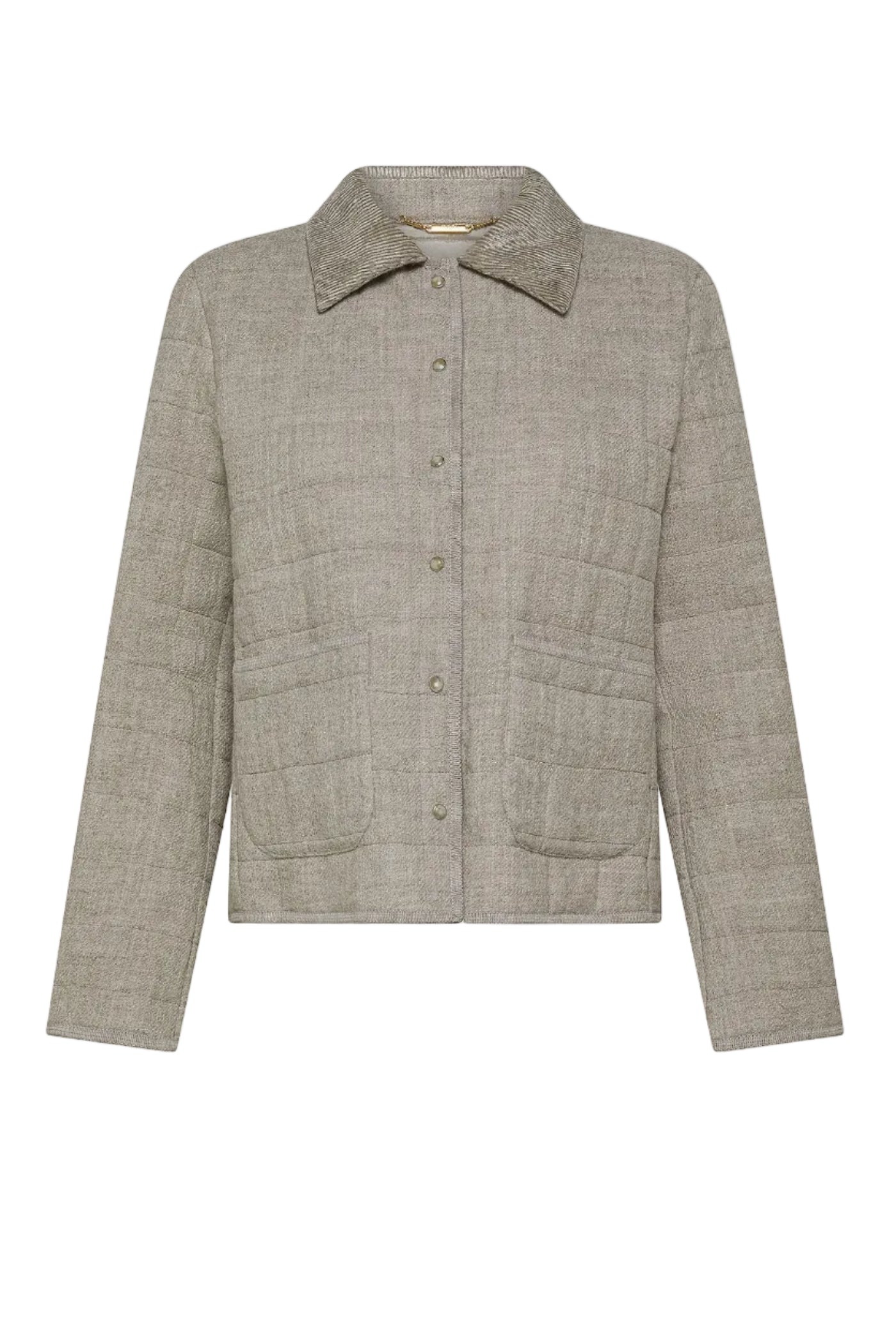 Beige quilted jacket on a white background.