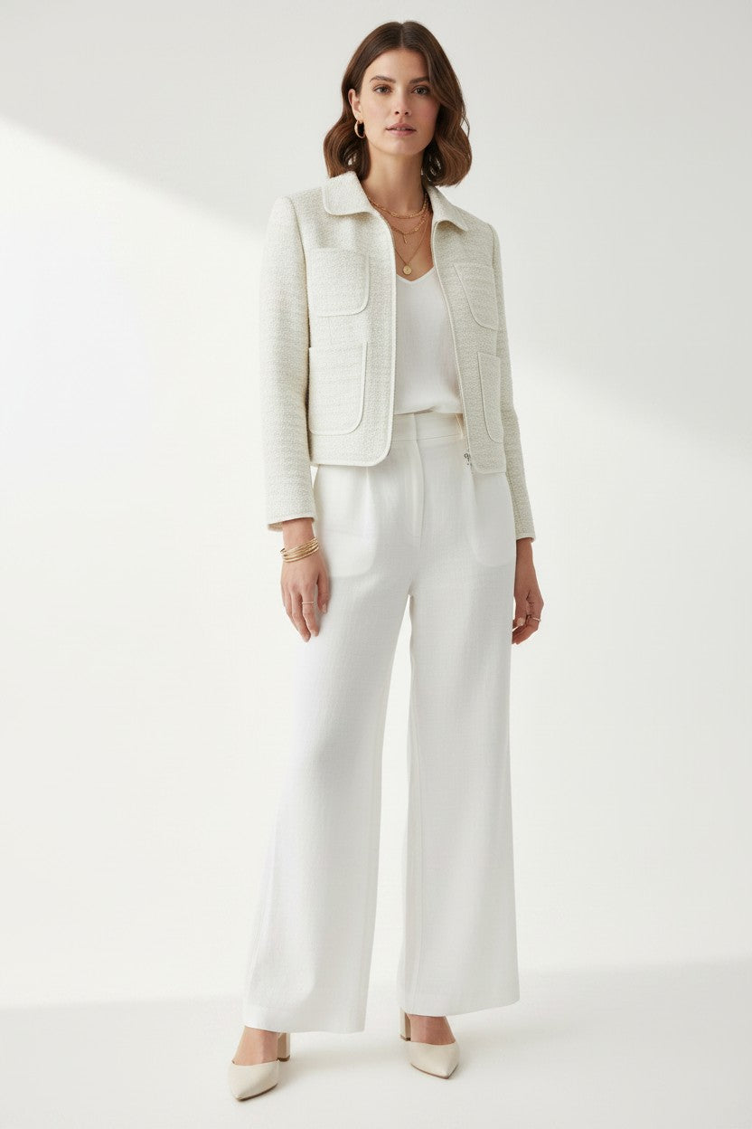 Woman wearing a white outfit on a plain background