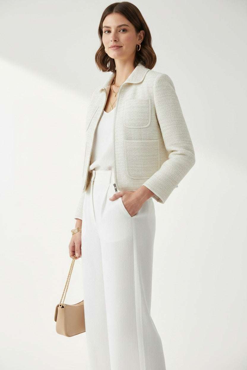 Woman wearing a white outfit with a textured jacket on a plain background.